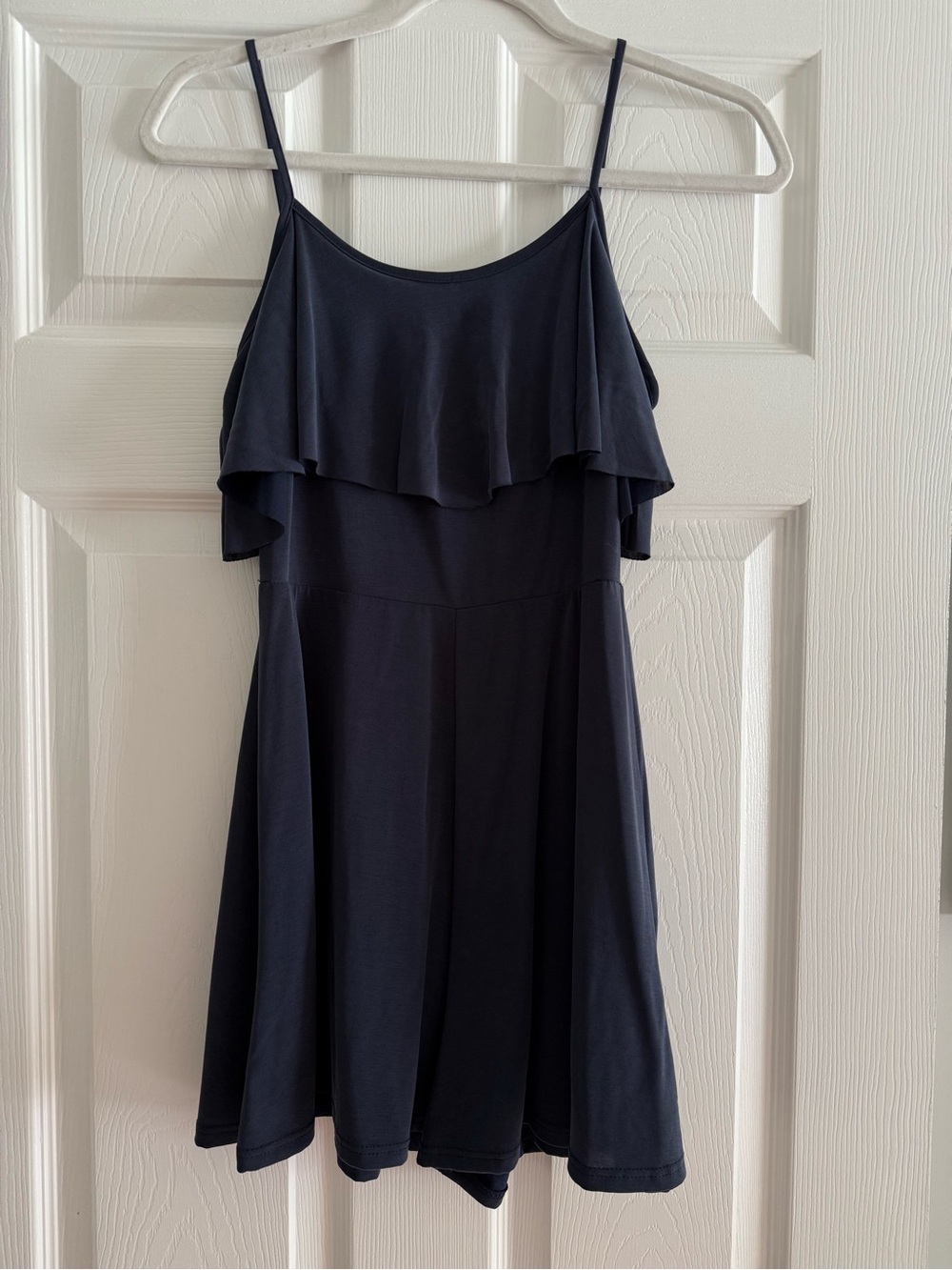 Maronie Navy Spaghetti Strap Ruffle Mini Romper